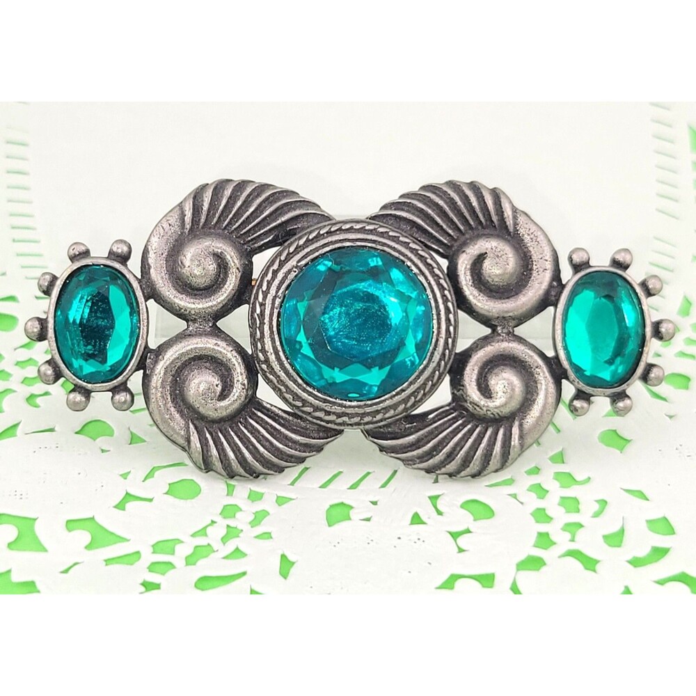 Vintage 1980s Signed M Jent Pewter Tone Green Rhinestone Statement Brooch 3.25"